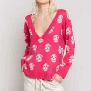Pol Pink Skull Deep V-Neck Fuzzy Sweater Small